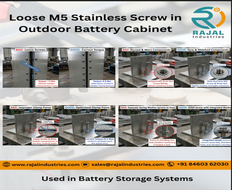 M5 stainless machine screw loose in battery cabinet panel allowing moisture entry