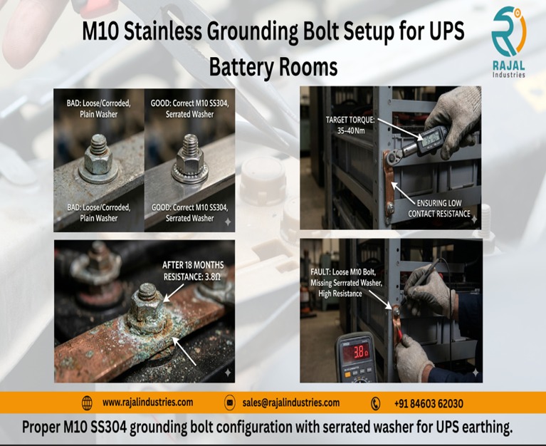 M10 SS304 grounding bolt with serrated washer installed in UPS battery room earthing system