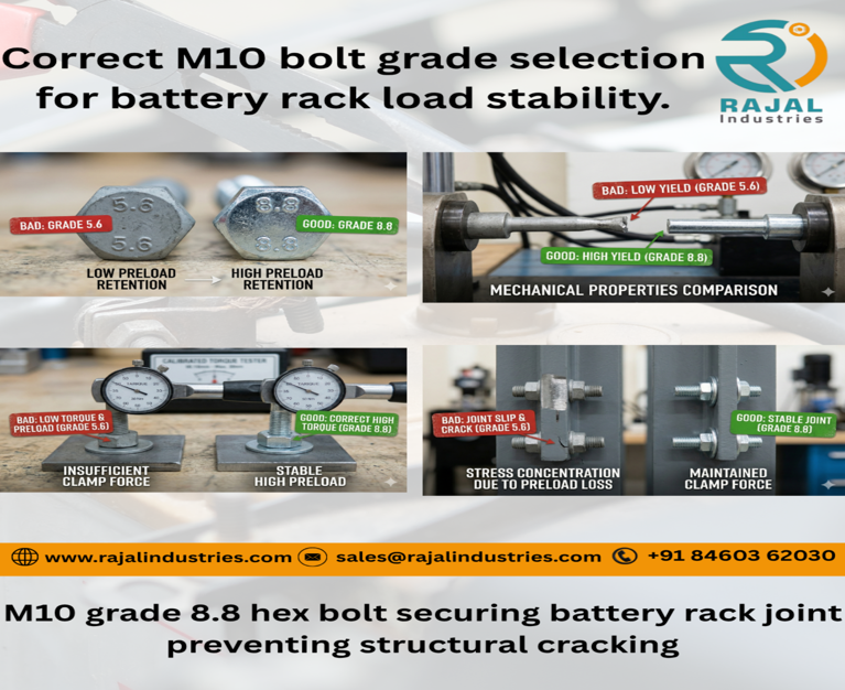 M10 grade 8.8 hex bolt securing battery rack joint preventing structural cracking