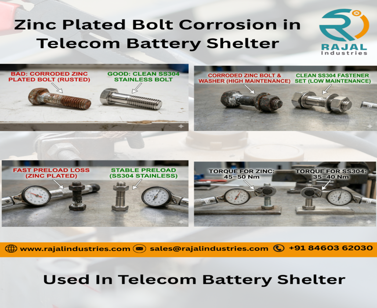Rusting zinc plated M10 hex bolt inside telecom battery shelter
