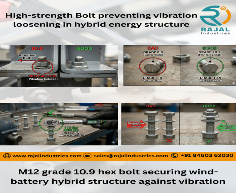M12 grade 10.9 hex bolt securing wind-battery hybrid structure against vibration