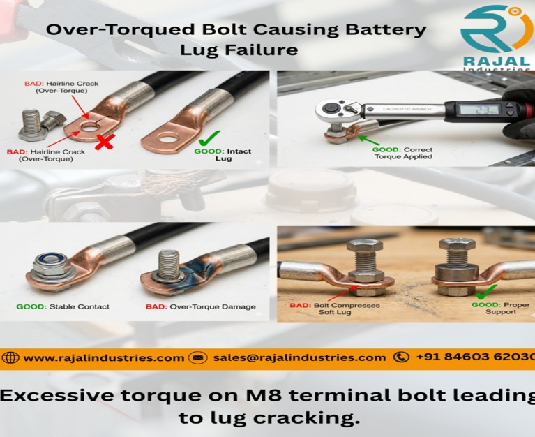 Cracked battery lug caused by over-torqued M8 hex bolt battery lug failure