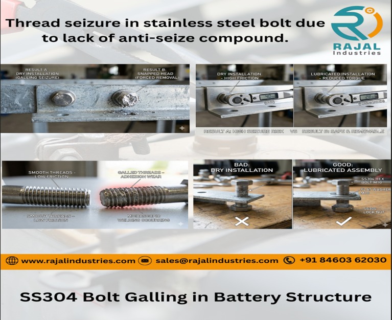 SS304 M10 hex bolt thread seizure due to galling in battery frame stainless fastener seizure