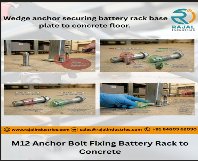 M12 wedge anchor securing battery rack base plate to concrete floor battery rack anchors