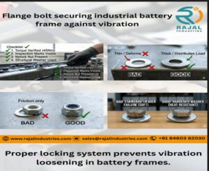 M10 flange bolt securing industrial battery frame against vibration battery vibration fasteners
