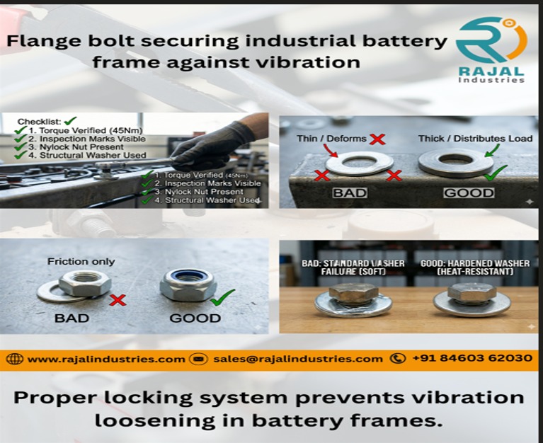 M10 flange bolt securing industrial battery frame against vibration battery vibration fasteners