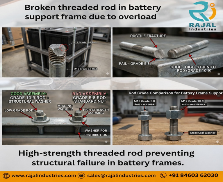 Broken M12 threaded rod in battery support frame due to overload battery threaded rod failure