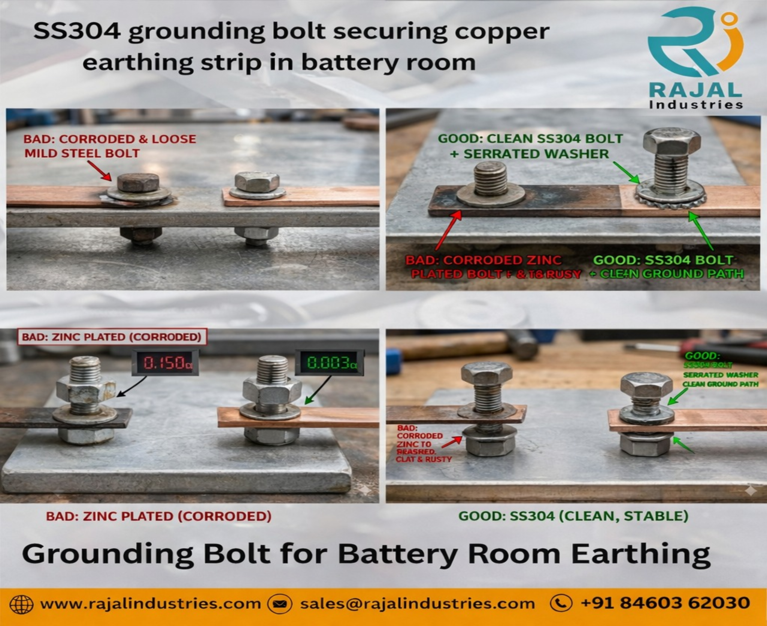 M8 SS304 grounding bolt securing copper earthing strip in battery room battery earthing issue