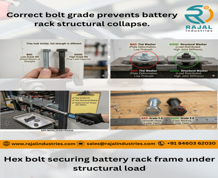 M8 hex bolt securing battery rack frame under structural load battery rack failure