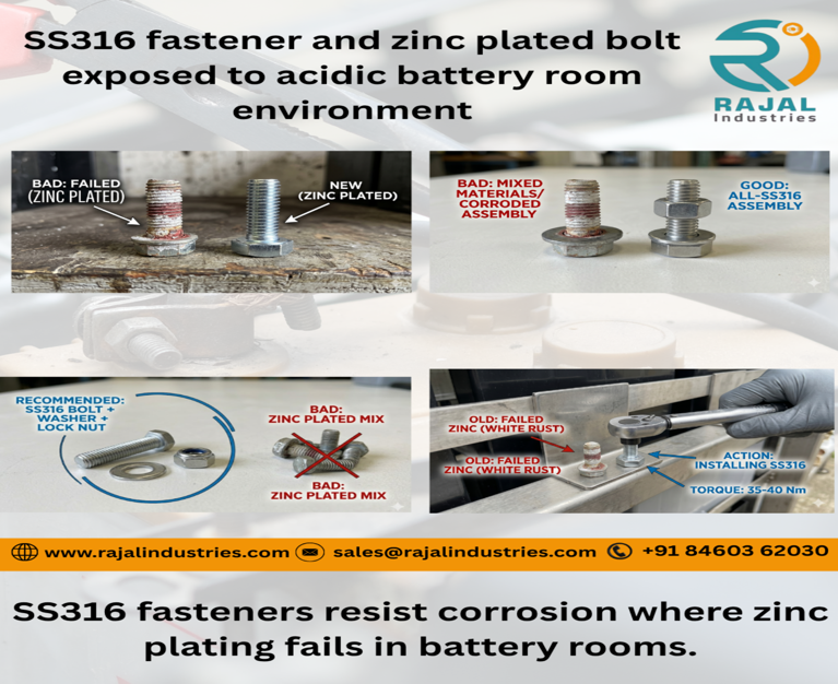Comparison of SS316 fastener and zinc plated bolt exposed to acidic battery room environment battery corrosion prevention