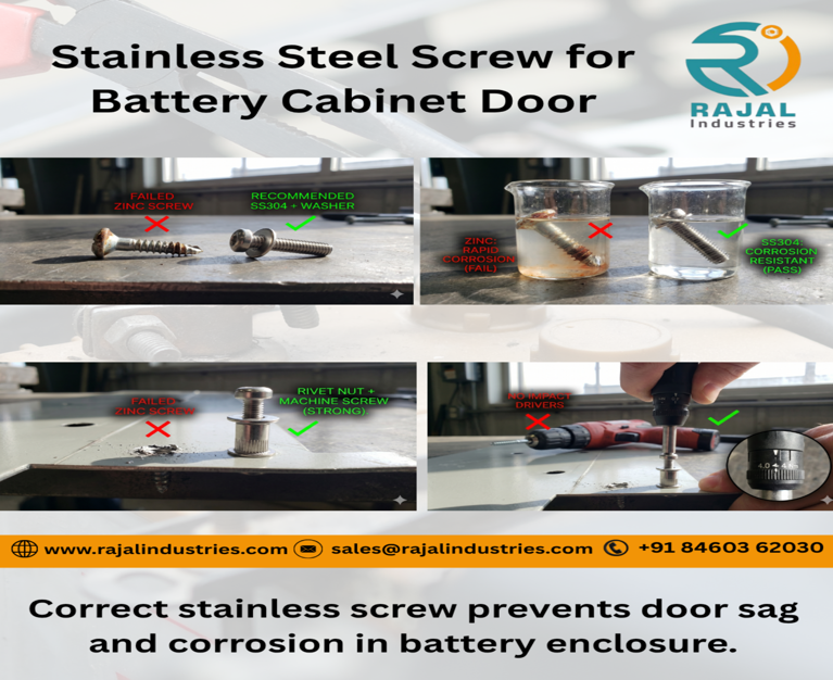 Battery Cabinet Door Failure from Cheap Screws – Correct Stainless Selection