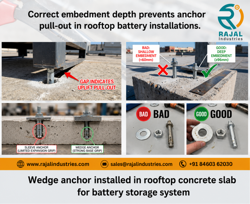 M12 wedge anchor installed in rooftop concrete slab for battery storage system rooftop battery anchors