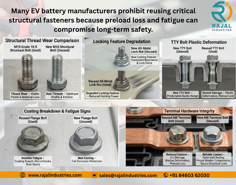 Used structural battery bolt removed from EV battery pack during service
