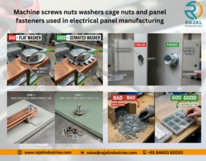 Machine screws nuts washers cage nuts and panel fasteners used in electrical panel manufacturing