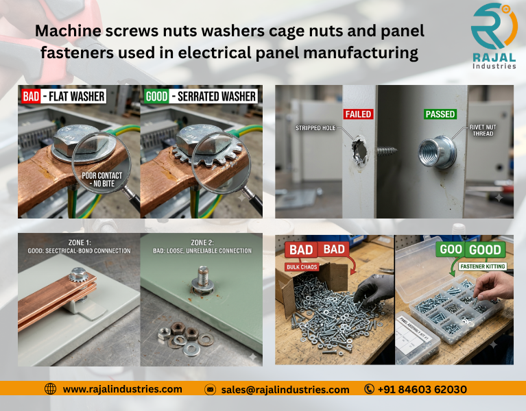 Machine screws nuts washers cage nuts and panel fasteners used in electrical panel manufacturing