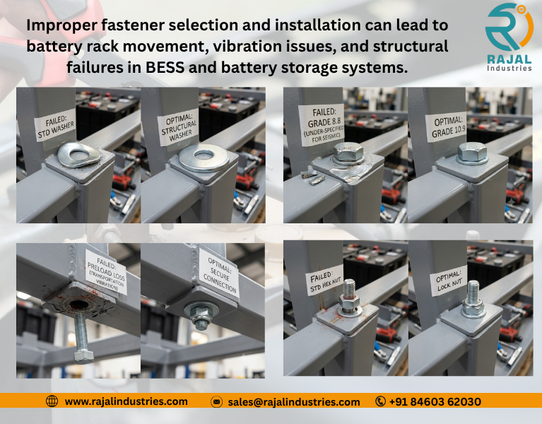 Battery rack fastener failure due to loose lock nuts and missing structural washers