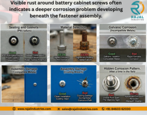 Rust forming around stainless steel screws on battery cabinet enclosure