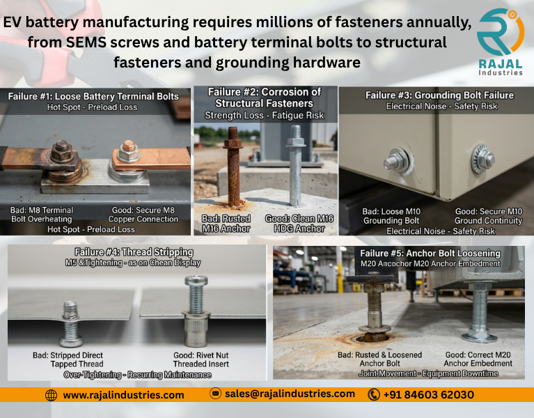 Common fasteners used by EV battery manufacturers including SEMS screws M4 M5 M6 M8 bolts