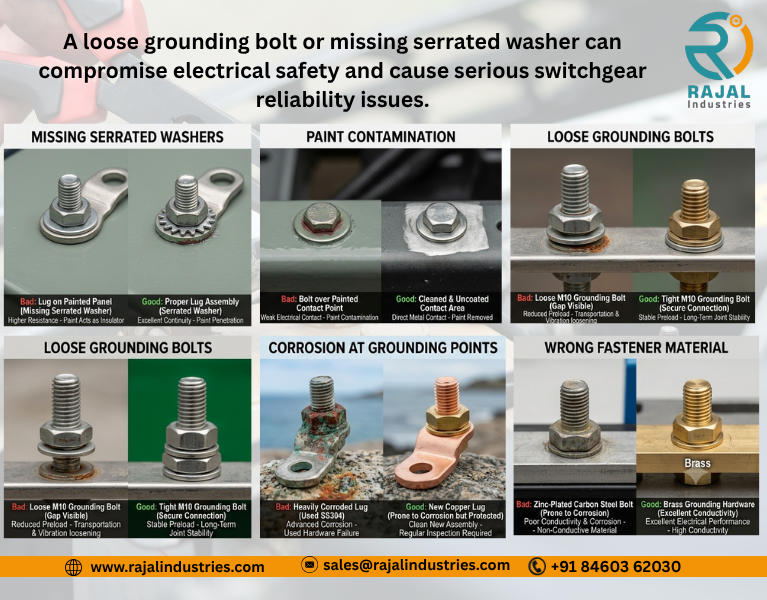 Grounding bolt and serrated washer connection inside electrical switchgear panel