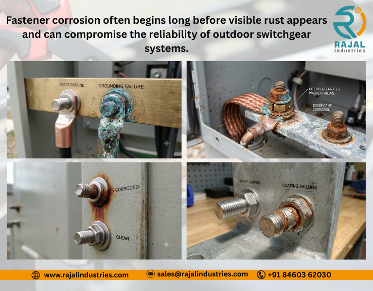 Corroded switchgear fasteners on outdoor RMU and electrical panel enclosure