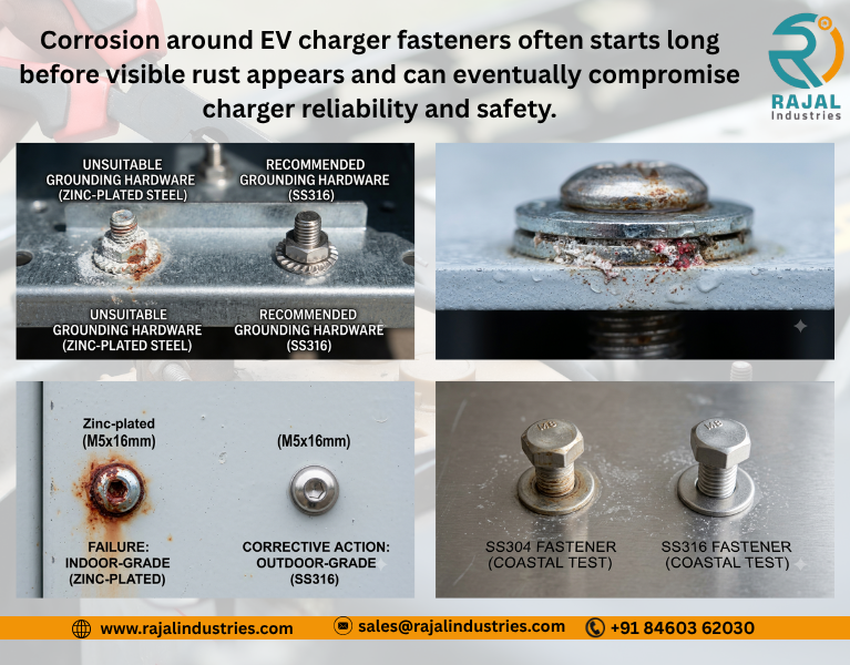 Corroded fasteners on outdoor EV charging station cabinet