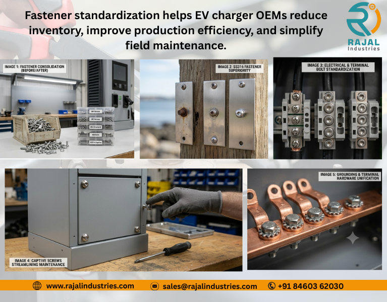 Standardized fasteners used in DC fast charger manufacturing and assembly