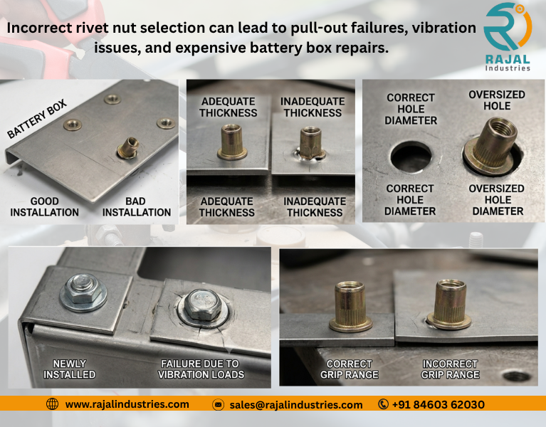 M6 rivet nut installed in battery box sheet metal assembly